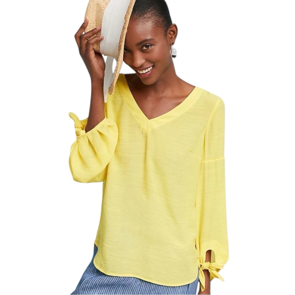 Maeve Verona Tie Sleeve Blouse Yellow V Neck Semi Sheer Women’s XS Anthropologie